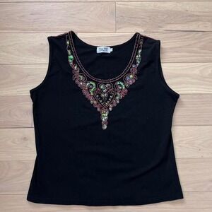 Vintage y2k Snazzie Beaded Tank Top Womens Sz L Black Boho Feminine